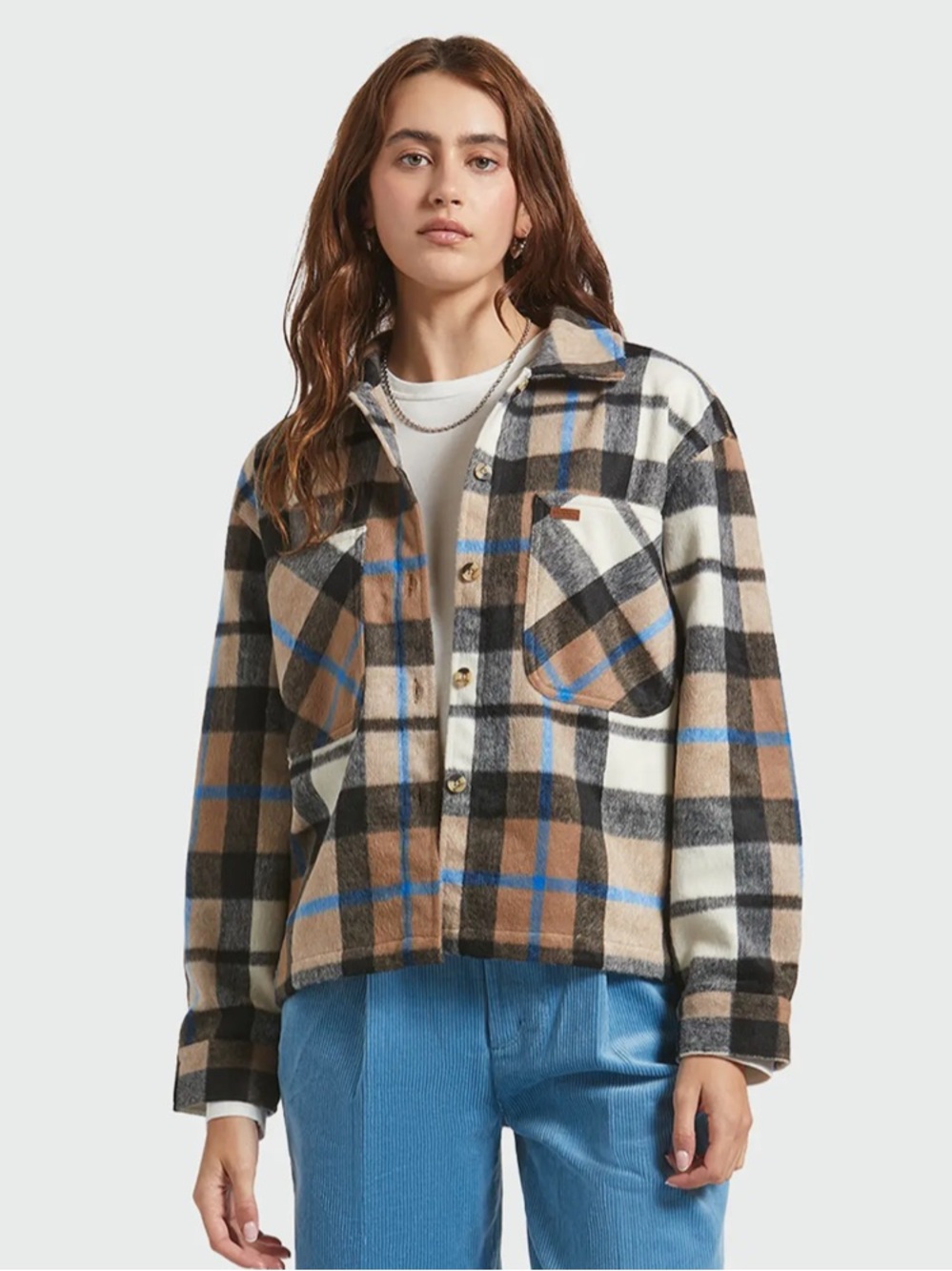 NWT Nordstrom Brixton Bowery Plaid Flannel Button-Up Shirt black & sand small